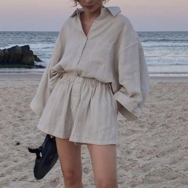Loose Single-breasted Shirt and Elastic Waist Trousers Ladies 2 Pieces Sets Oversized Summer Casual Linen Solid Shorts Women Set
