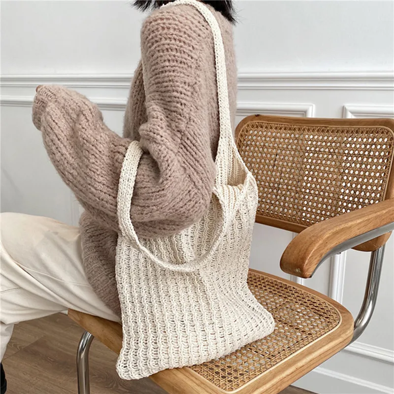 

New Wool Knitted Shoulder Shopping Bag for Women Vintage Fashion Cotton Cloth Girls Tote Shopper Bag Large Female Handbag