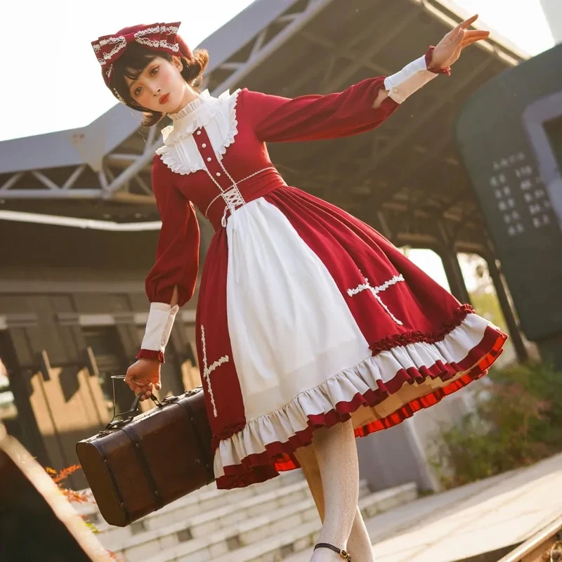 

MAGOGO Cross Lolita Elegant Long-Sleeved OP Dress Women Patchwork Tea Party Dress