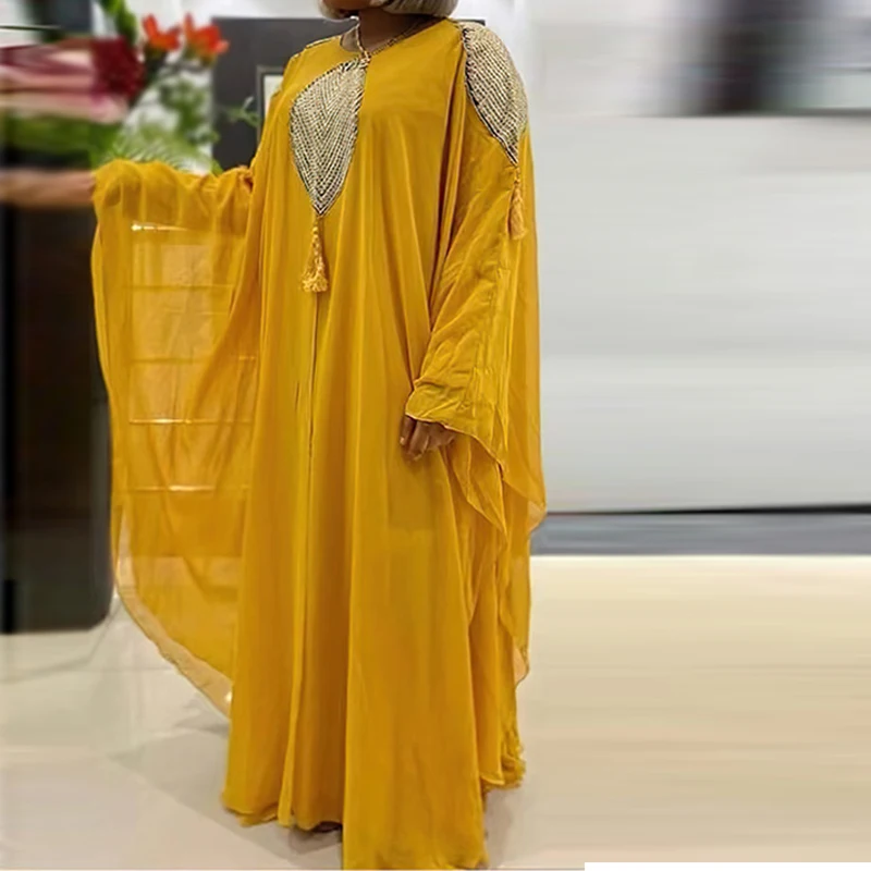 European and American African Muslim women's long skirt bead embroidery yellow long skirt Arab Islamic ethnic style banquet dres
