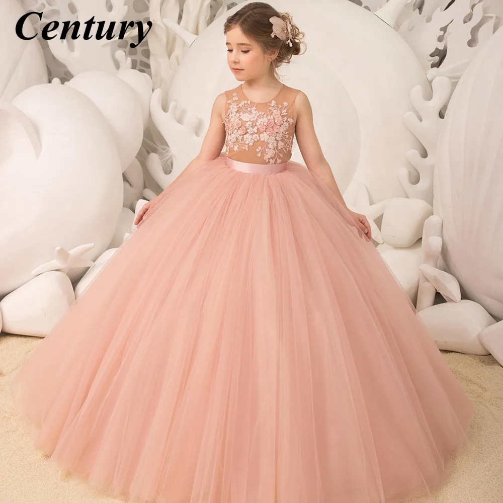 

Розовое ТРАПЕЦИЕВИДНОЕ ПЛАТЬЕ с цветочным принтом для девочек, платье для свадебной вечеринки с аппликацией, платье принцессы из тюля, плат...