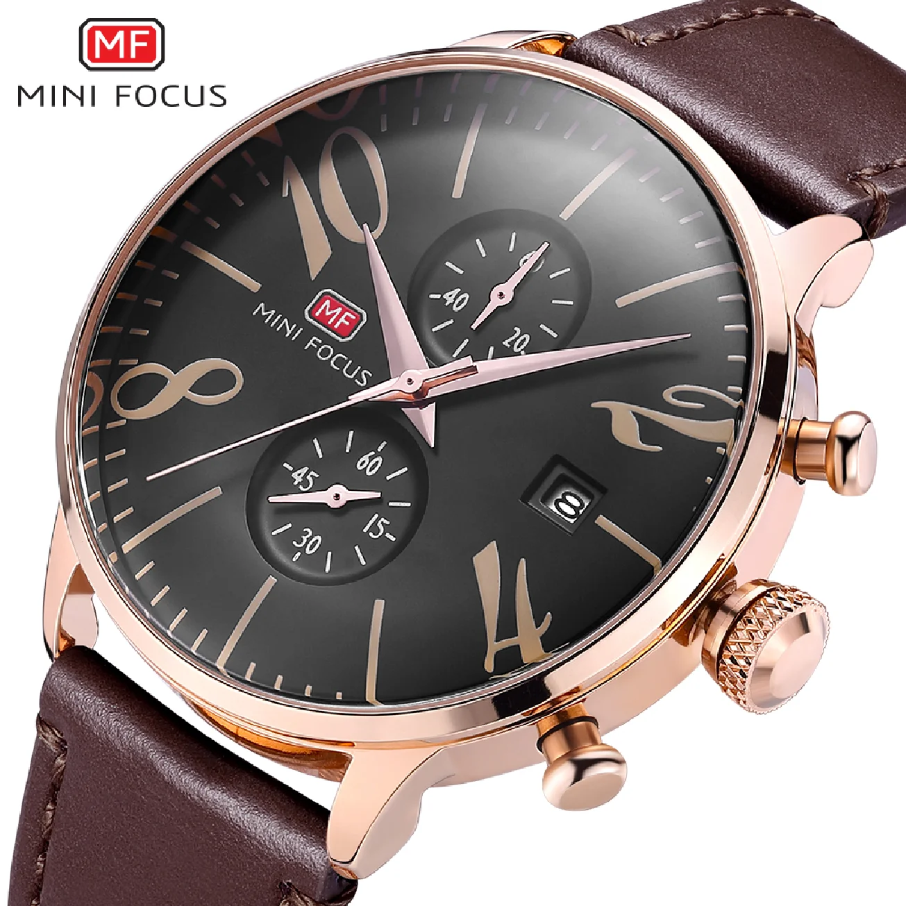MINI FOCUS Brand Men's Fashion Watch Male Genuine Leather Strap Clock Wrist Watches Quartz Waterproof Chronograph Date Display