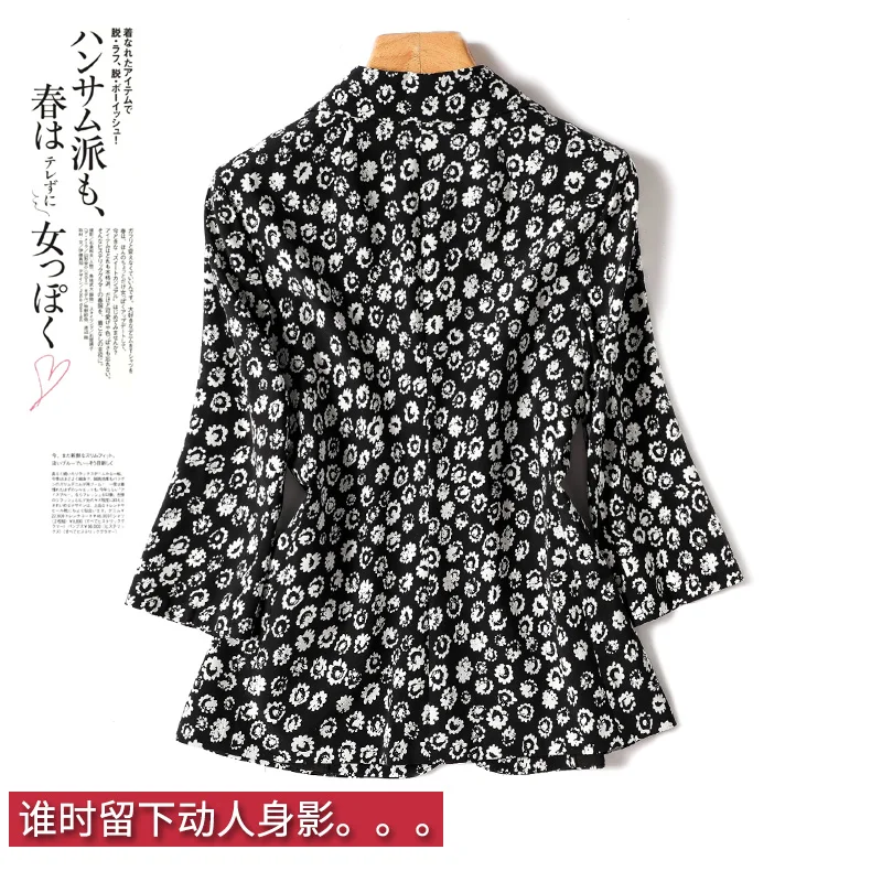 Slim Blazer Women 2023 Summer New 92%  Natual Silk Print Three Quarter Sleeve Blazer Femenino  Single Button  Jacket