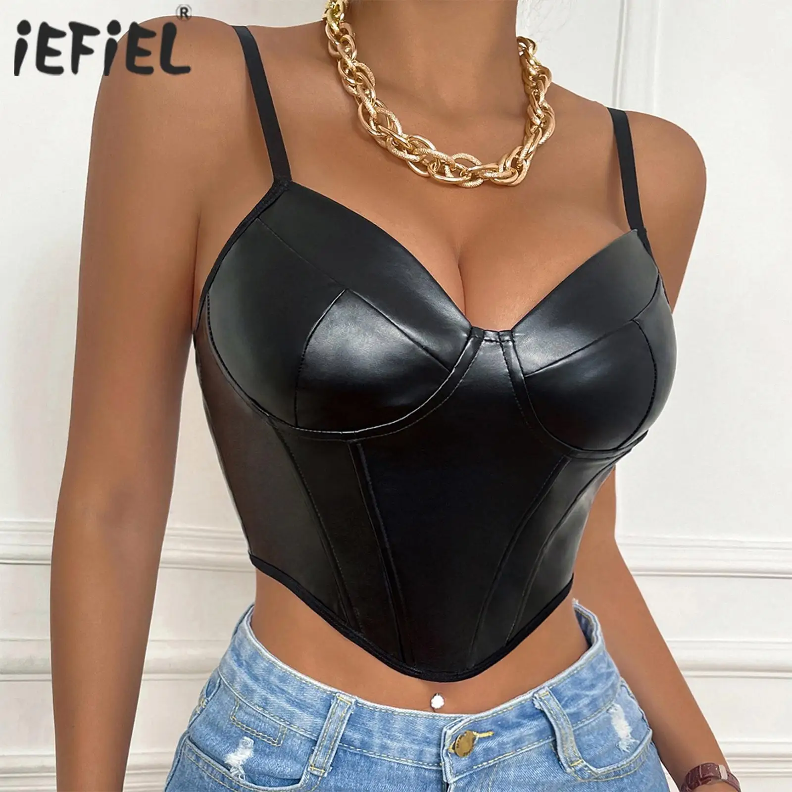 

Womens Low-cut PU Leather Exotic Tanks Camisole Adjustable Straps Crop Top Asymmetrical Hem Bustier Tops Rave Dance Top Clubwear