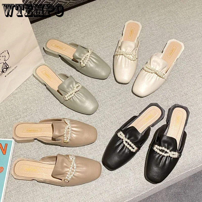 WTEMPO Leather Sandals Summer Women Casual Slippers Fashion Wear Single Shoes Girl Pearl Square Heel Half Slippers Wholesale