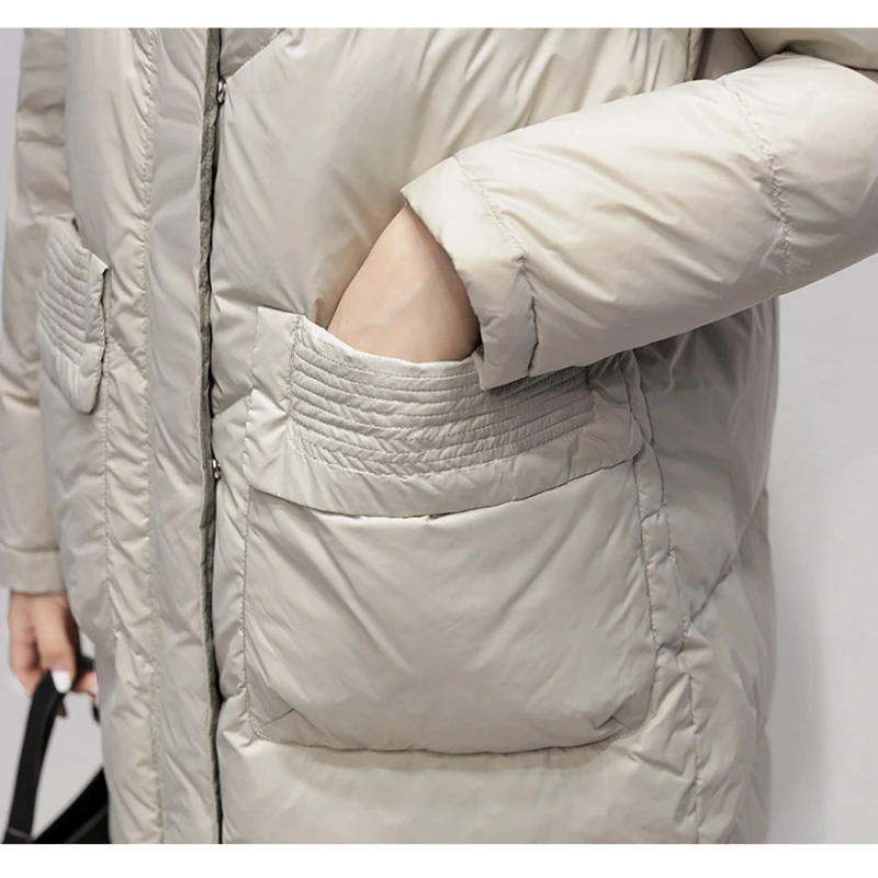 Fashionable Women's Mid-length Winter Down Jacket New Style Pure Color White Duck Down Warm Zipper Stand Collar Korean Coats