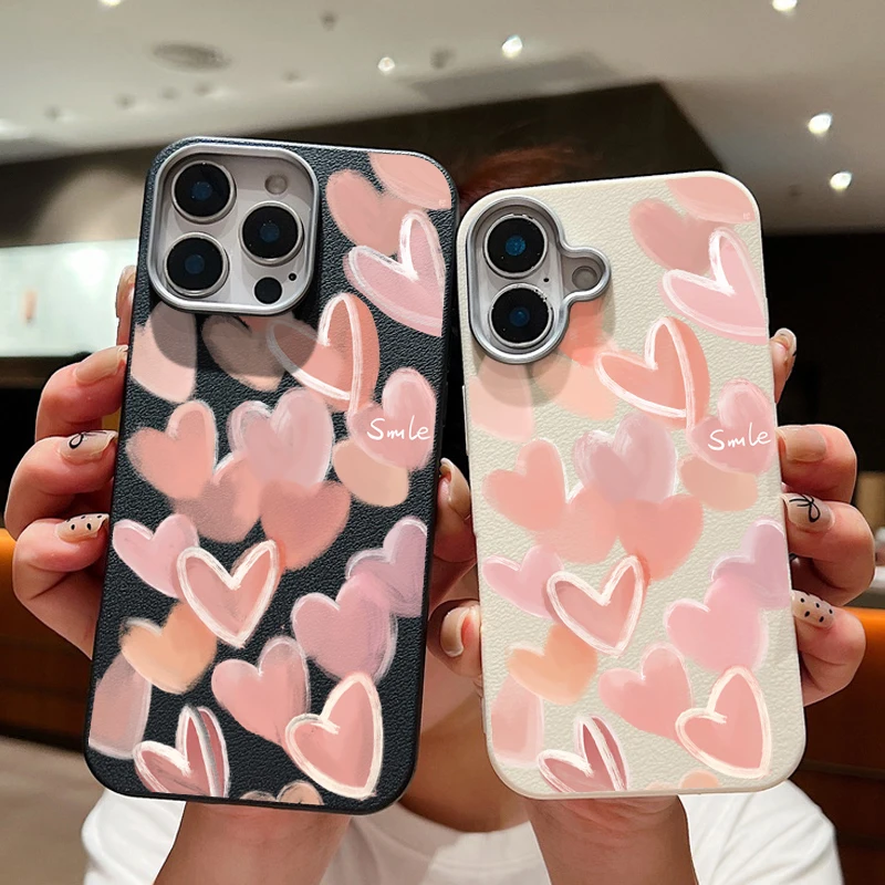 Pink Love Hearts Case For iPhone 11 12 13 14 15 Pro Max SE Luxury Leather Texture Soft Silicone Cover 16