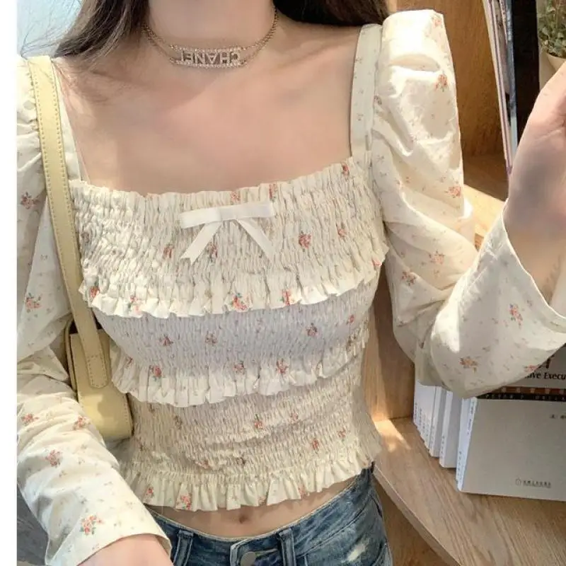 

Женская Повседневная Блузка с цветочным принтом, Модный укороченный топ в Корейском стиле Y2k, Элегантный Приталенный Пляжный пуловер с длинным рукавом и бантом, осень 2023