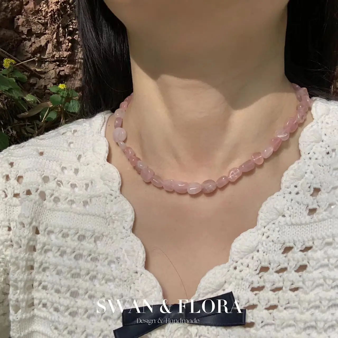 Ожерелье из натурального розового кварца ювелирные изделия камни ручной работы