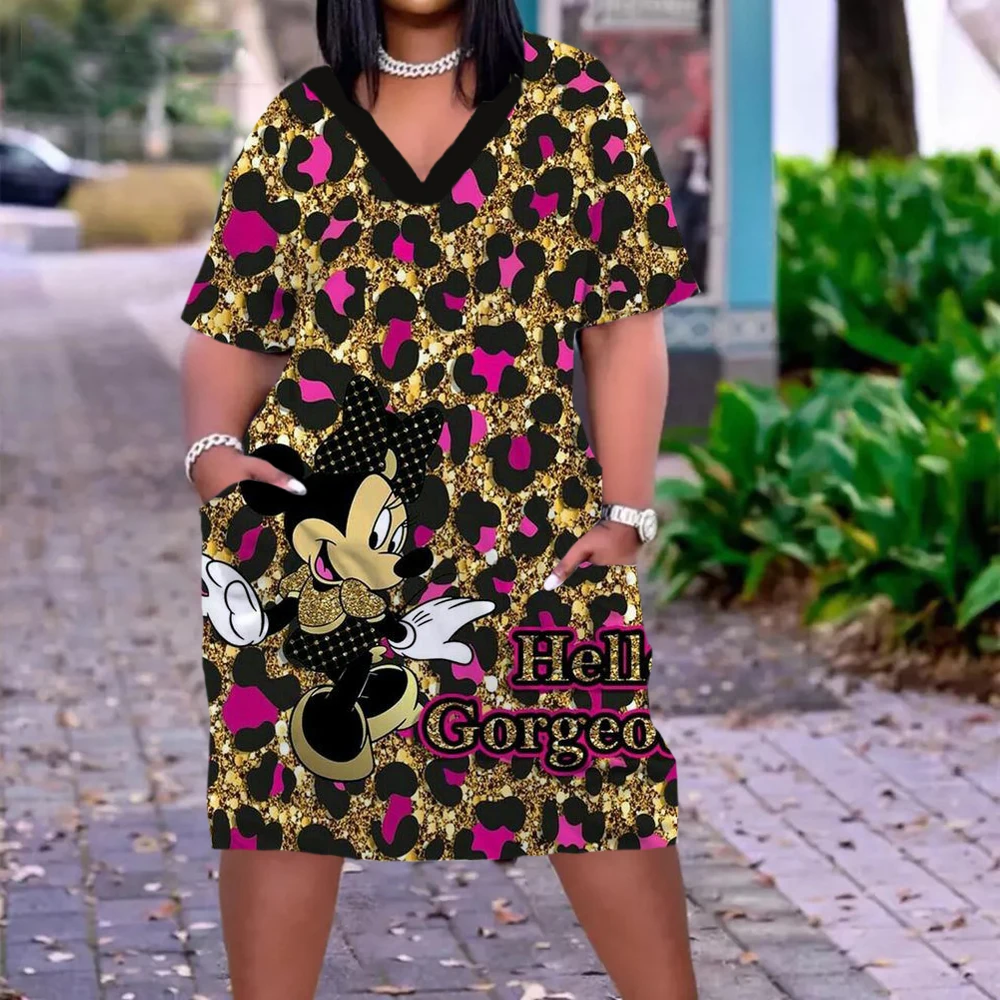

Disney Minnie Party Dress Robe Women Long Sleeve Leopard Print Midi Dress 2022 Casual Loose Holiday Long Shirt Vestido Oversized