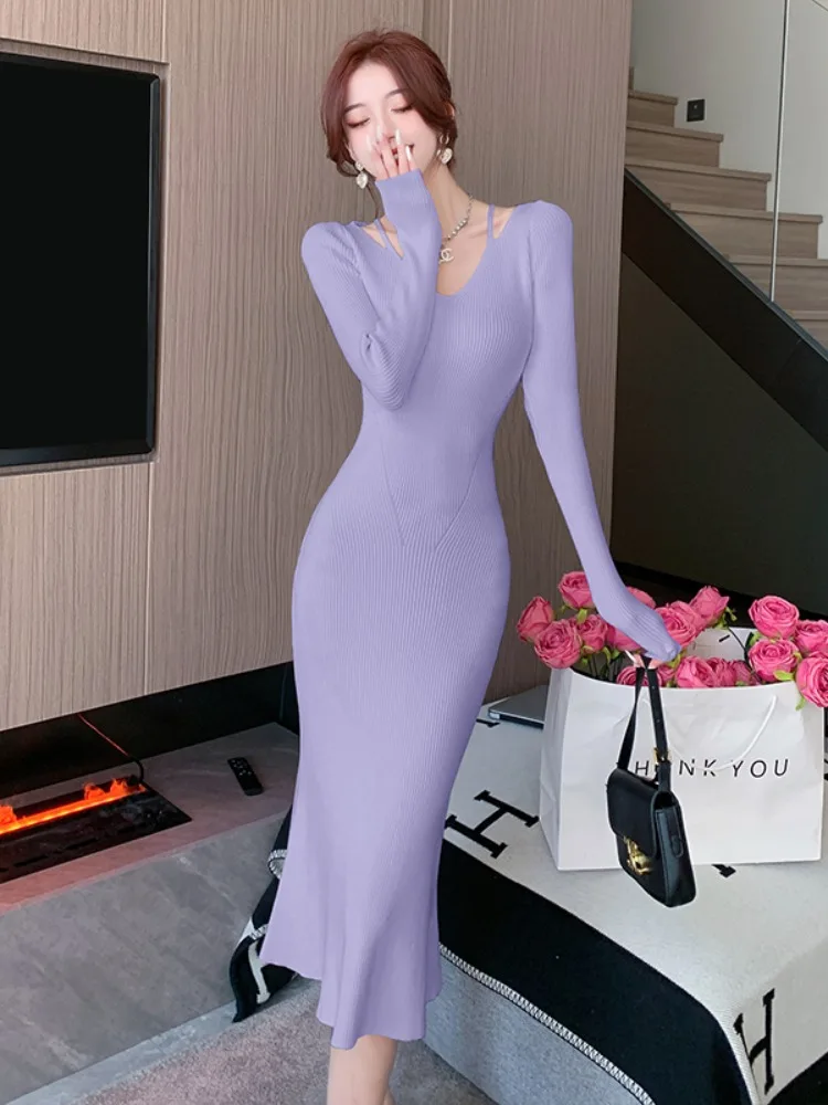 French sle Pure Desire Temperament Slim fit Knitted dress Women New Gyaru Meditation Sweater Dress Design Sense Sheath Skirts