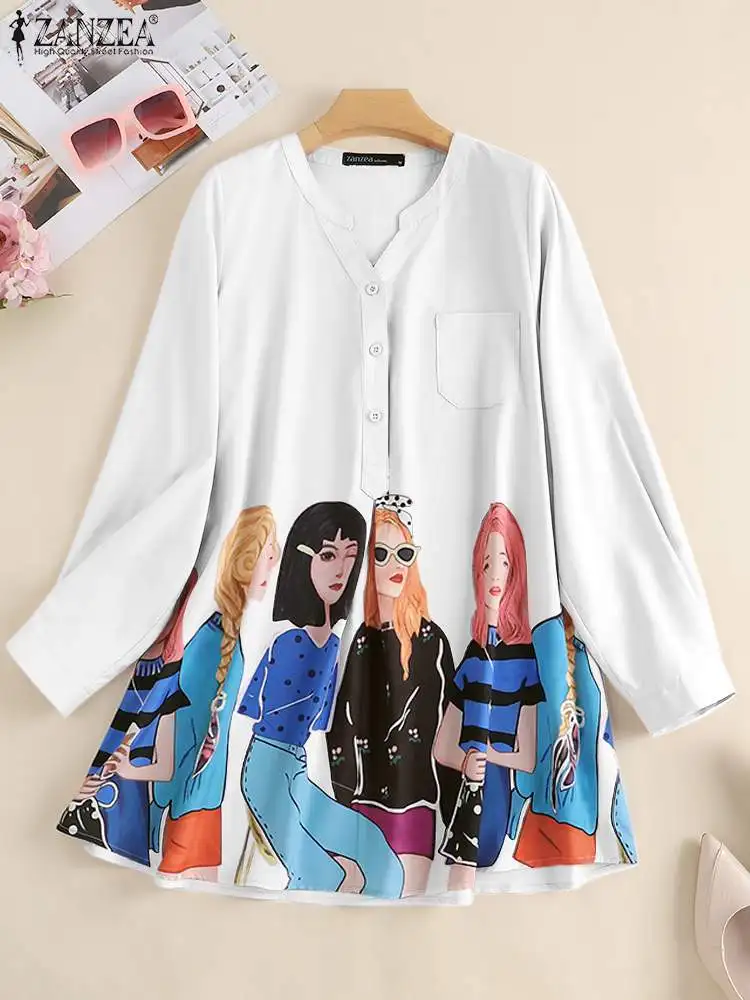 

Женская офисная блузка с длинным рукавом ZANZEA 2022, рубашки с принтом для вечерние, винтажная Свободная блузка, топы, женские блузы оверсайз