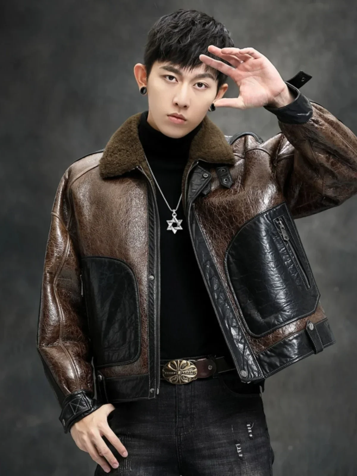 Мужская мотоциклетная короткая куртка из натуральной овчины мужская зимняя