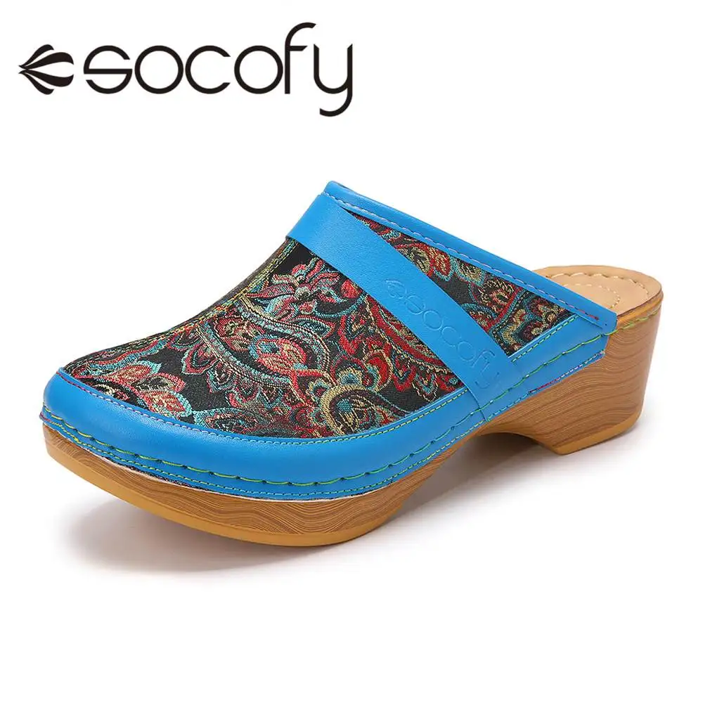 

SOCOFY Retro Sandals Paisley Pattern Embroidery Slip On Wood Mules Clogs Comfy Low Heel Sandals For Easter Gifts Summer Spring