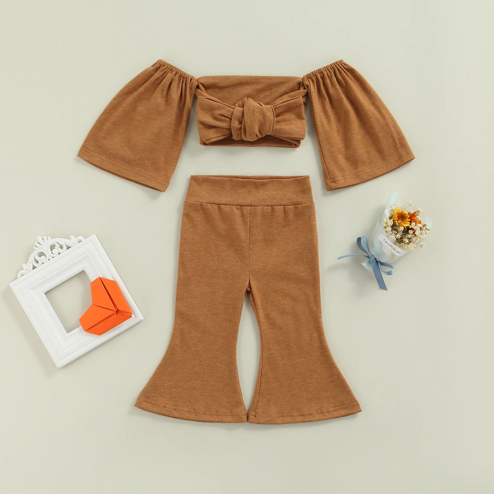 

Toddler Kids Girls 2 Pieces Outfit Solid Color Tie-Up Bowknot Off-Shoulder Crop Tops + Flare Pants Set