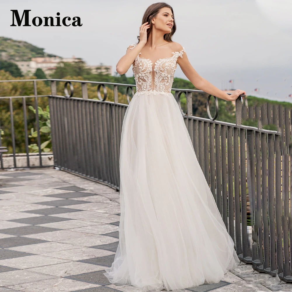 

MONICA Charming Scoop Sleeveless Backless Tulle Wedding Dresses Appliques Customised Robe De Mariée Floral Print Pleat A-Line