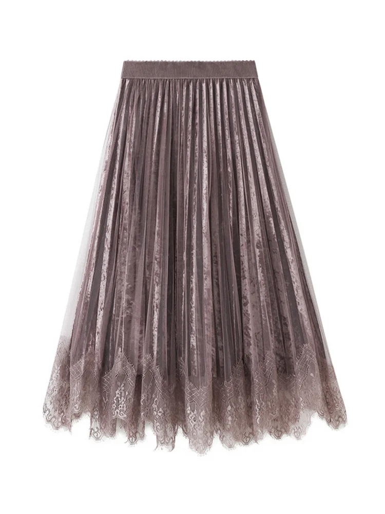 

Velvet Skirt For Women Autumn Winter 2022 New Medium Long High Waist Pleated Lace Stitching Female Elegant H081