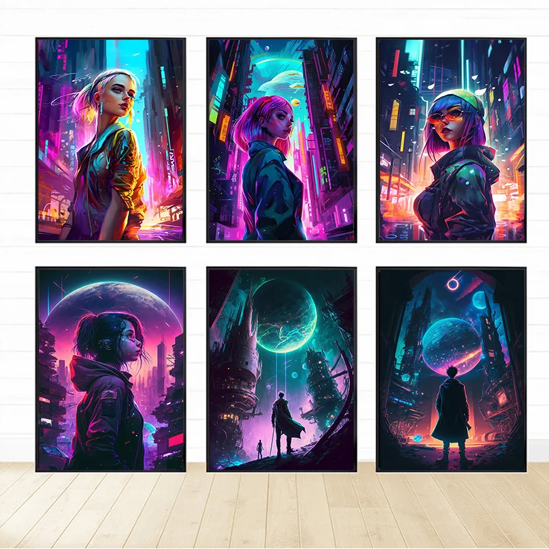 Киберпанк будущее городская девушка Картина на холсте с рамкой фиолетовая