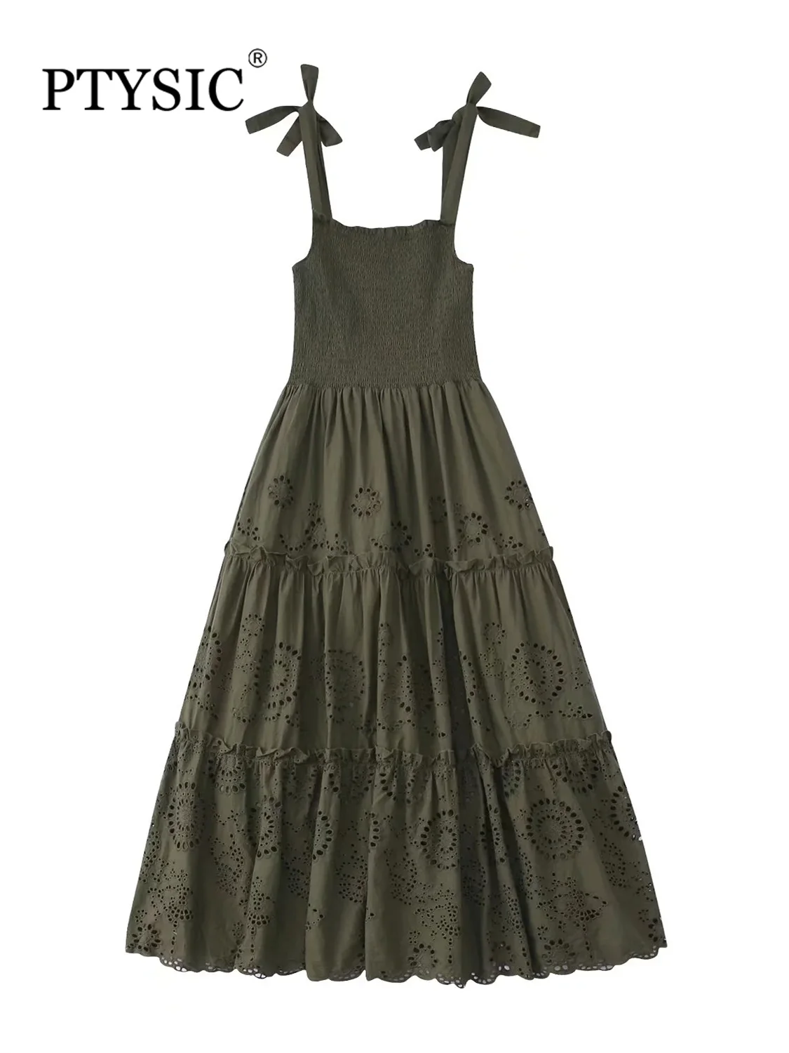 

Стильное женское платье PTYSIC с ажурной завязкой на шее, летнее милое женское платье-трапеция с оборками, 2022