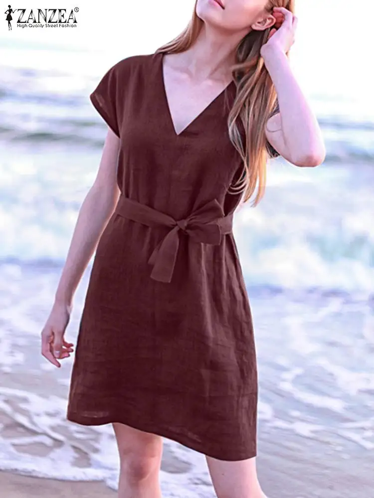 

Платье ZANZEA женское однотонное с V-образным вырезом и коротким рукавом, повседневный элегантный сарафан до колен, праздничный оверсайз, 2022