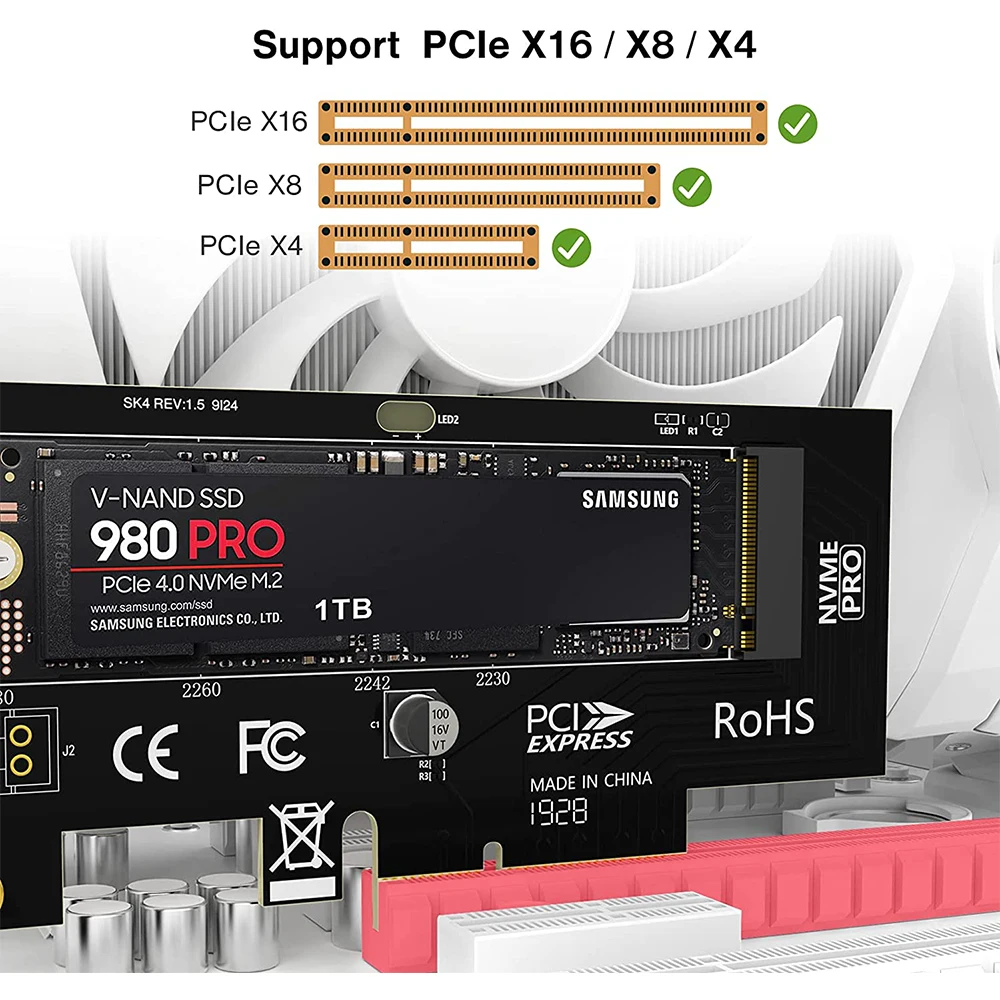 Адаптер JEYI M.2 PCIe-NVMe с алюминиевым радиатором 64 Гбит/с PCIe4.0 X4 Gen4 NVMe Расширительная