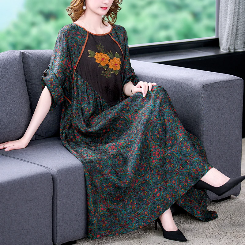 2022 Floral Mulberry Silk Maxi Dress Women Korean Vintage Casual Evening Dress Summer Elegant Loose Wasit Plus Size Party Dress