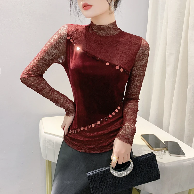 # 7454 Черный Красный Бархатный Футболка Женская Сплит Сплошной Сетка С Длинным