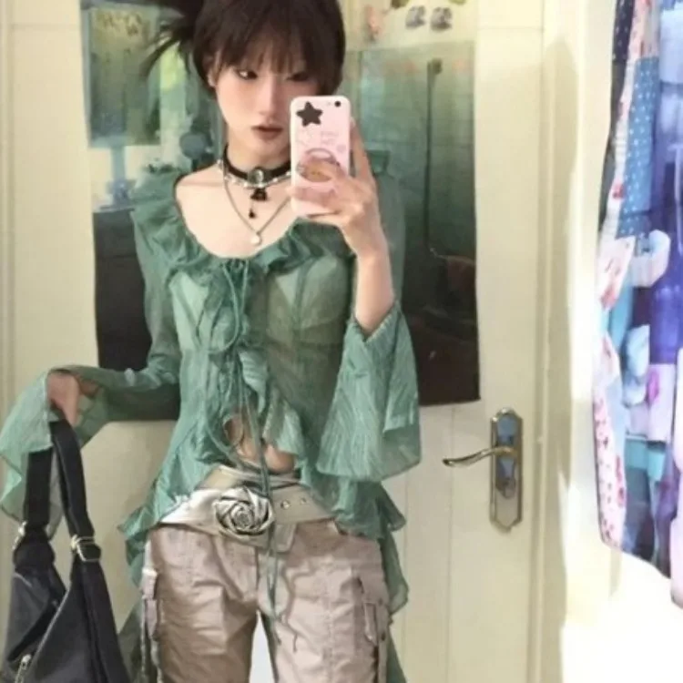 Элегантный винтажный зеленый кардиган с оборками на шнуровке Новые облегающие