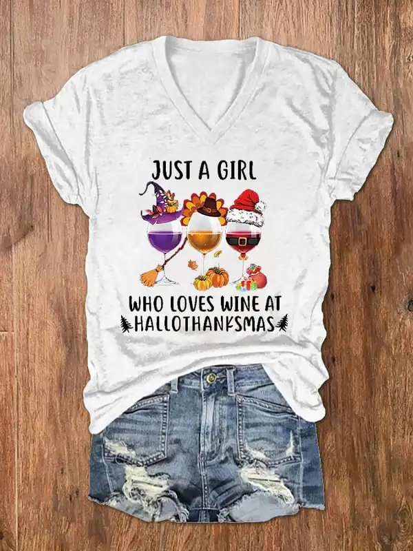 

Women's Just A Girl Who Loves Wine At Hallothanksmas Print V-Neck Christmas T-Shirt