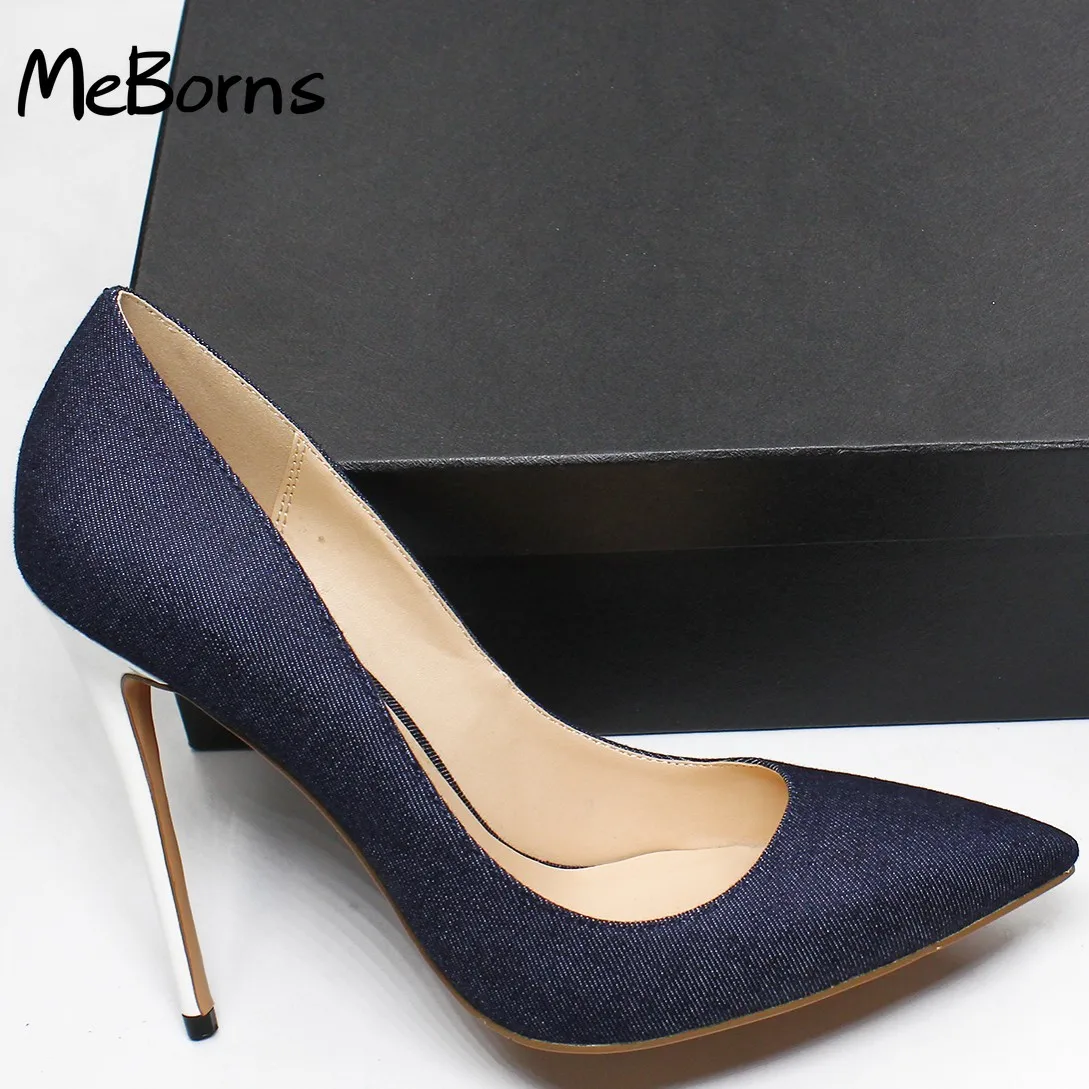 

Women Classic Pumps Extreme Thin High Heels Sexy Stilettos Ladies Pointed Toe Shoes Black Blue Denim Pumps White Heeled