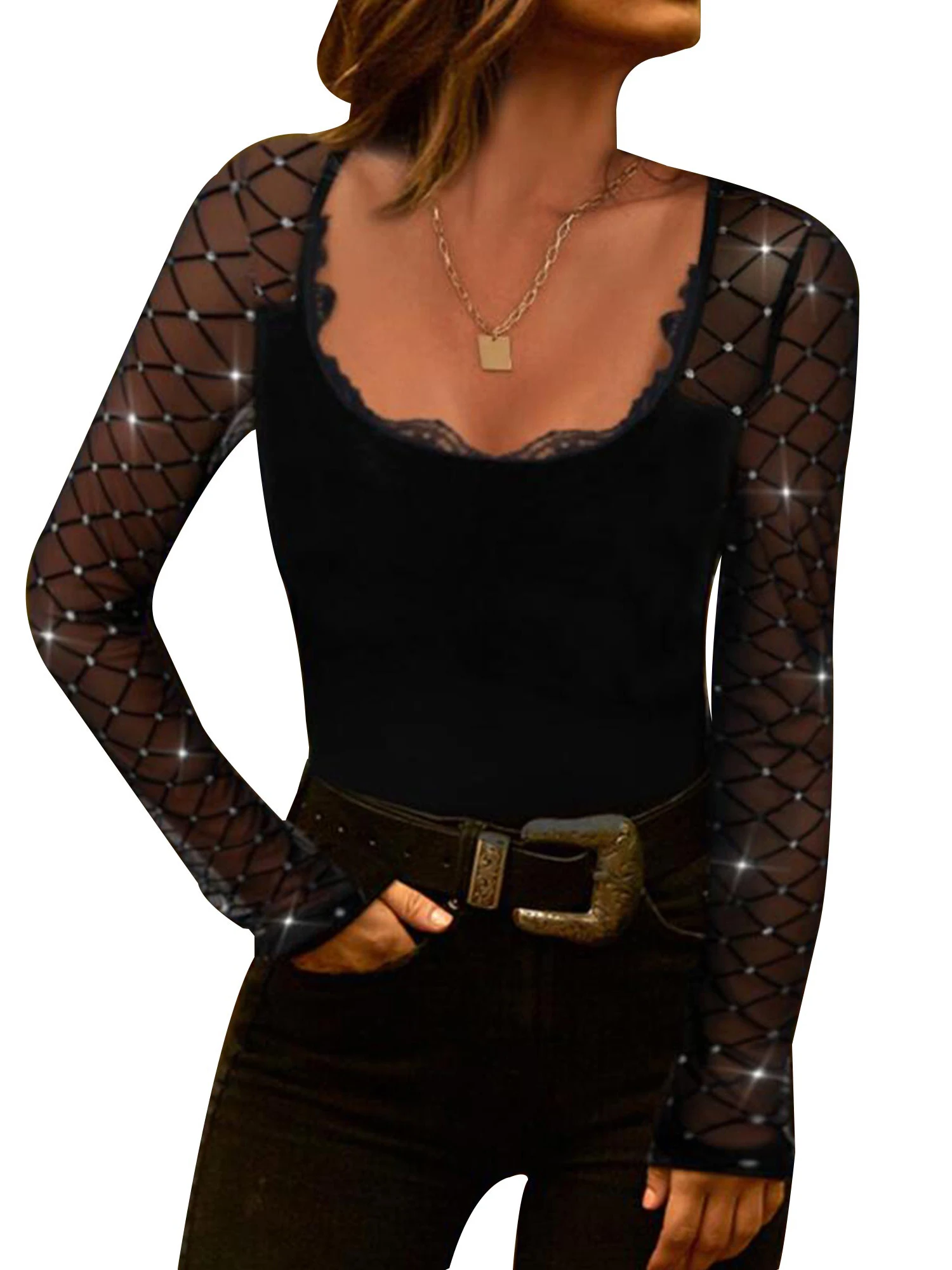 

Fashion Women Long Sleeve Mesh Long Sleeve Pullover Solid Color O-Neck Tee Sexy Spring Lace Patchwork Round Neck Slim Fit Shirt