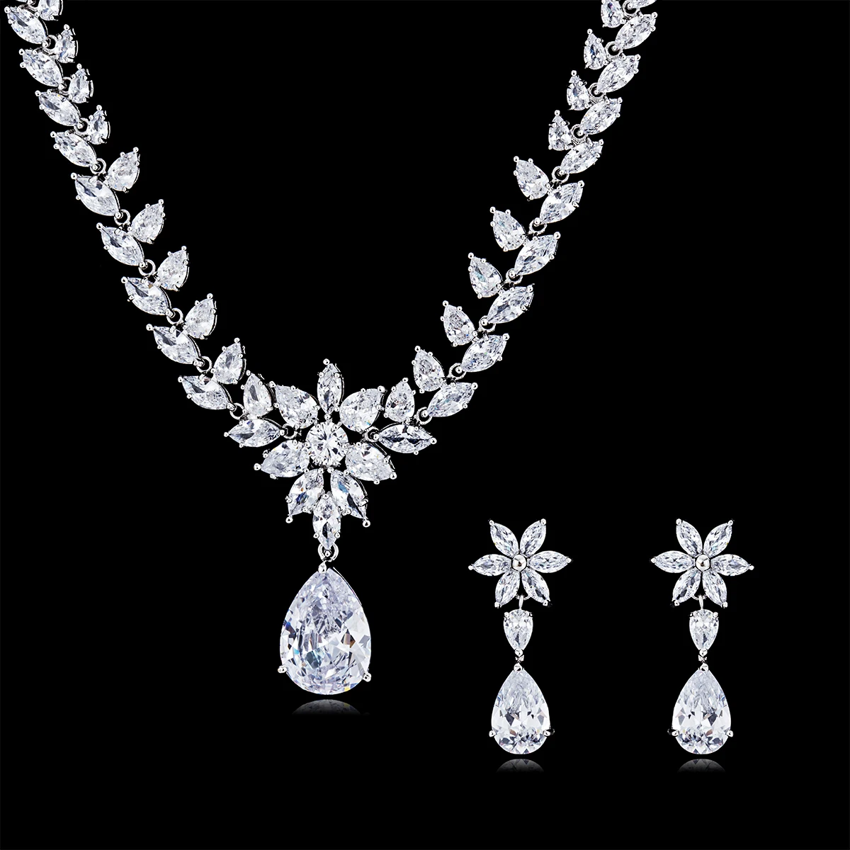 Trendy 5A Grade CZ Zircon Dangle Bridal Wedding Flower Necklace Earring Sets for Women Party Prom Jewelry Accessories