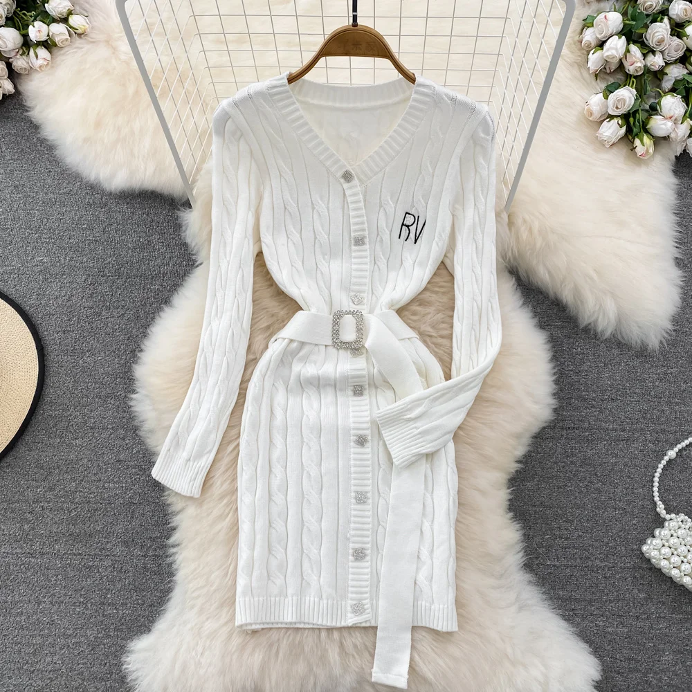 

Женское трикотажное платье с поясом, Элегантное Белое Облегающее эластичное платье с V-образным вырезом, длинным рукавом и поясом на пугови...