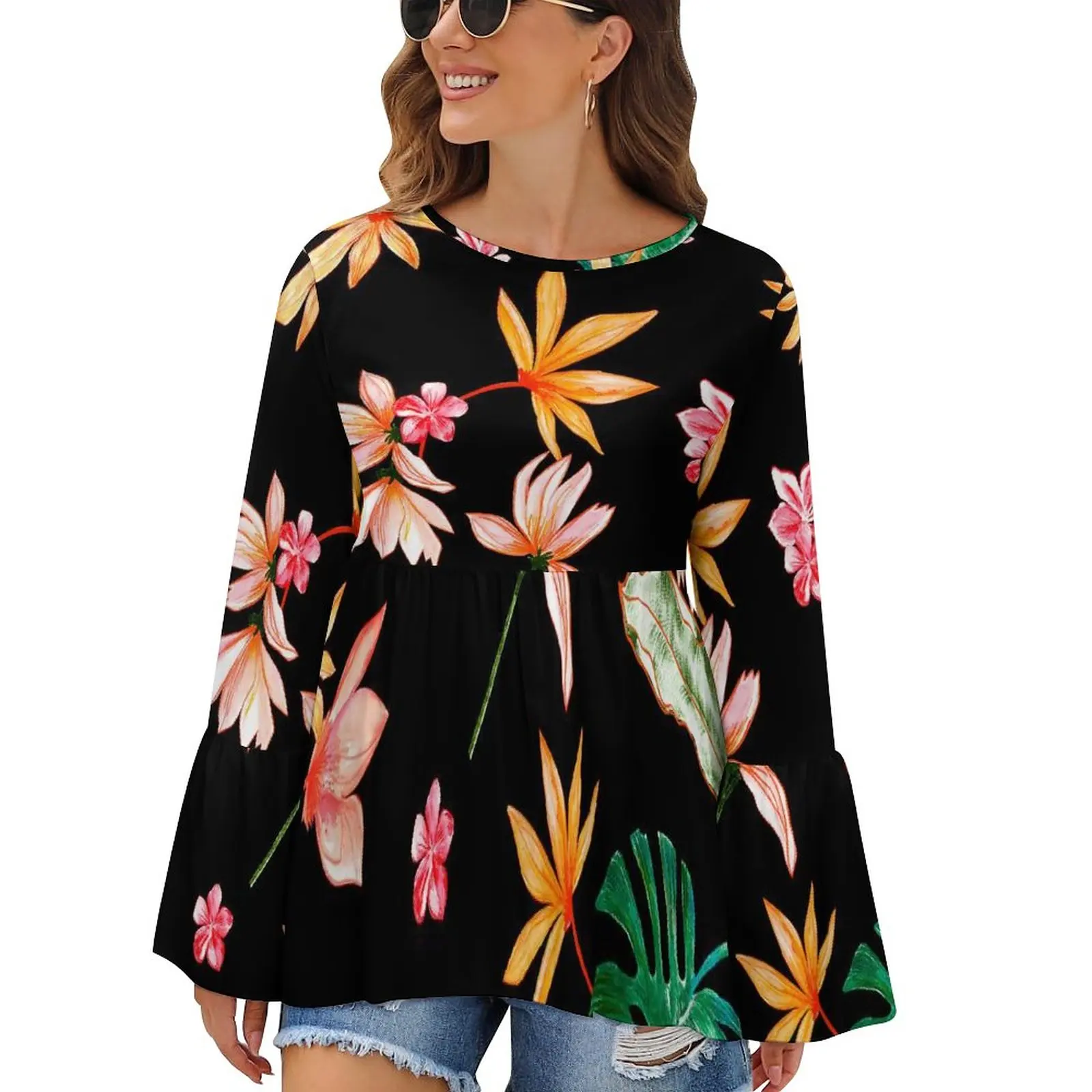 

Floral Print T-Shirt Palm Leaf Trendy Classic Long Sleeve T-Shirts Print Kawaii Tee Shirt Female Daily Tops Large Size