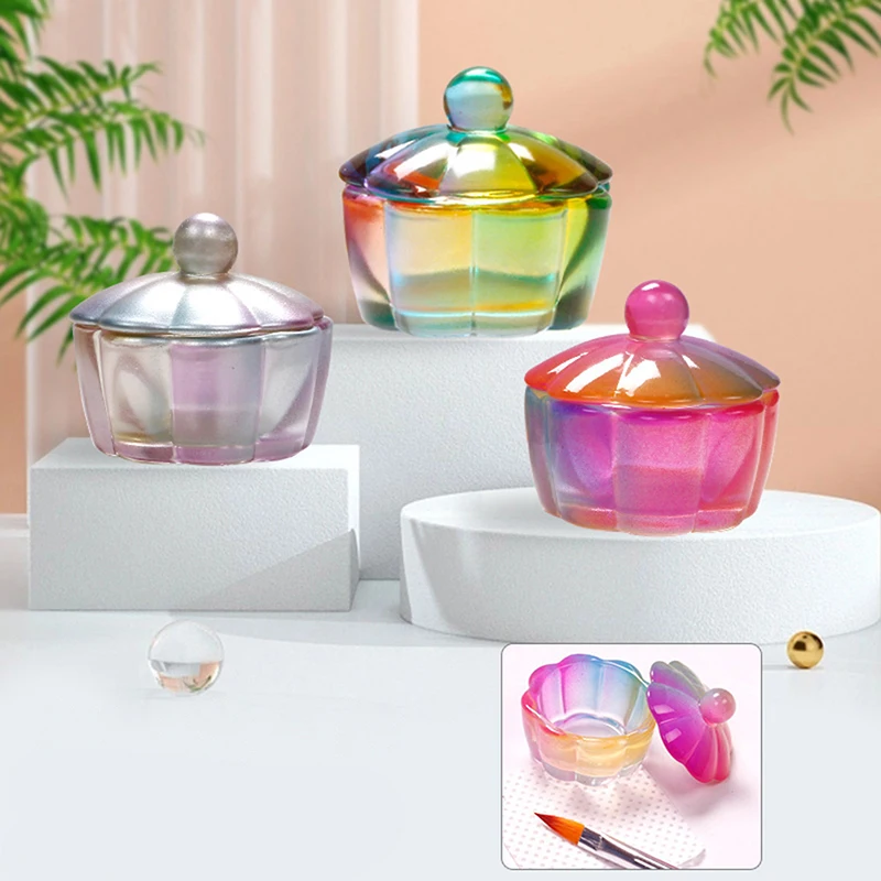 Square Cup Acrylic Liquid Dish Rainbow Crystal Clear Crown Glass Cup With Lid Bowl For Acrylic Powder Nail Art Tool Kit маникюр