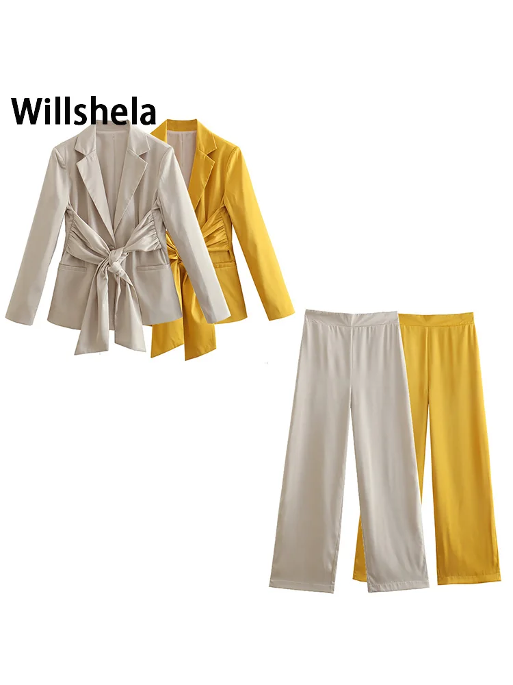 

Willshela женский модный костюм из 2 предметов, однотонный однобортный Блейзер и прямые брюки, Женский офисный Женский блейзер, комплект со штан...