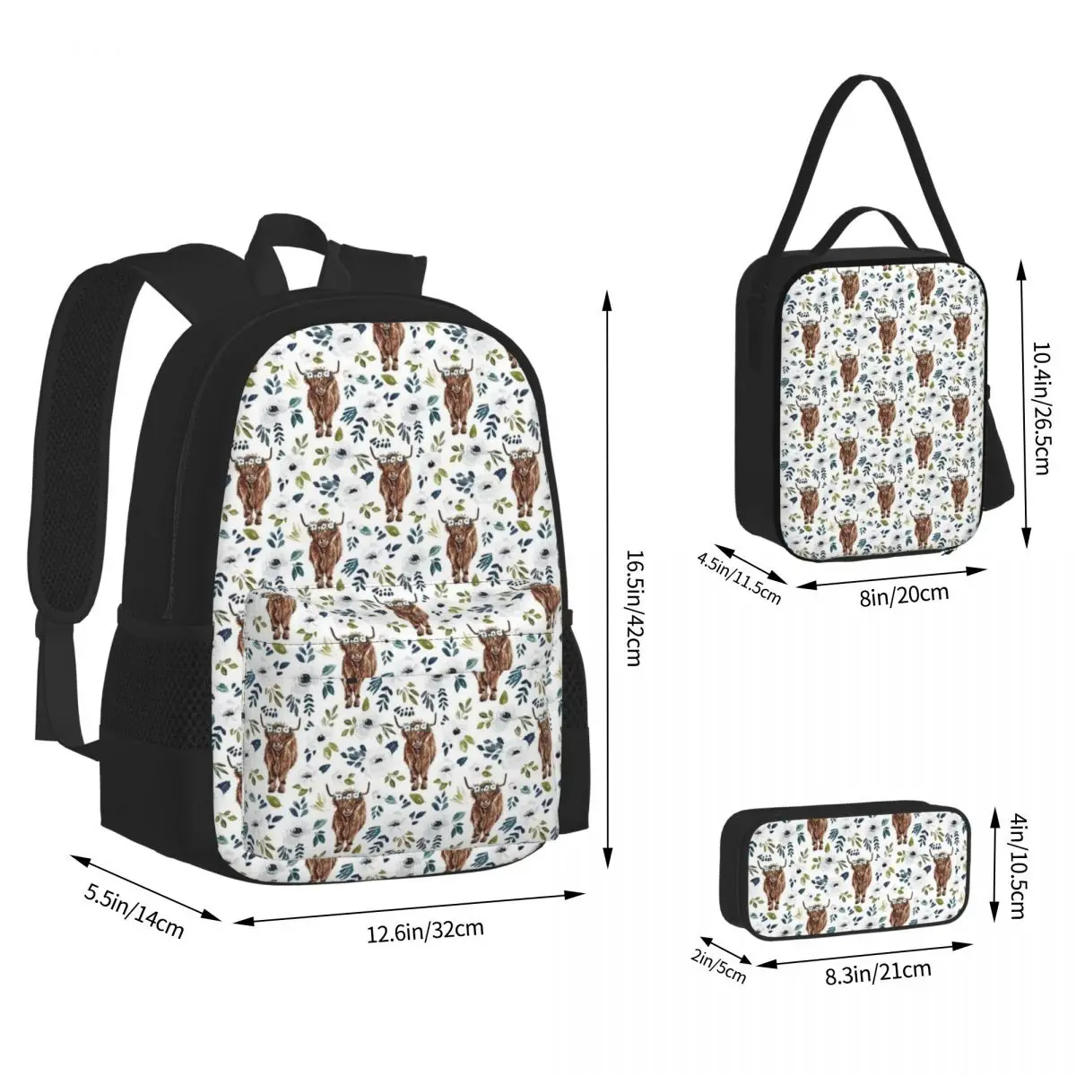 

Highland Cow Backpacks Boys Girls Bookbag Students School Bags Cartoon Kids Rucksack Lunch Bag Pen Bag Three-Piece Set