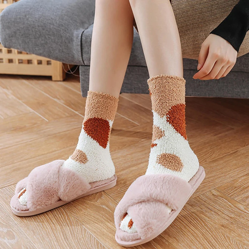 6pairs/lot Cute Cartoon Cat Claw Socks for Women Girls Winter Coral Fleece Thickened Warm Home Sleeping Stocking Floor Stockings