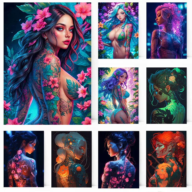 Печать на холсте &quotBeautiful Nude Girl Woman Tattoo Merging Erotic Flower Lady Neon Nature&quot
