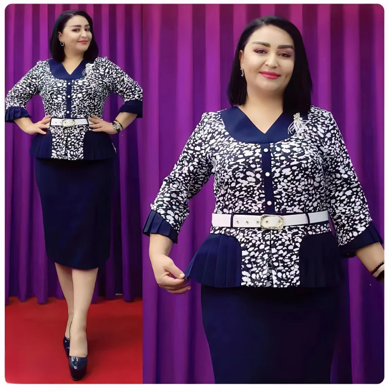 Snow Leopard Printed 2 Piece Sets Women V Neck Patchwork Pleated Top with Belt Solid Skirt Vintage African Event Big Size Suits