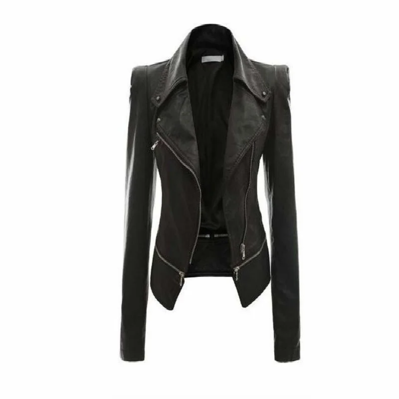 Wholesale- Women Rivet Zipper Motorcycle Turn Down Collar chaquetas mujer Argyle pattern Leather Jacket