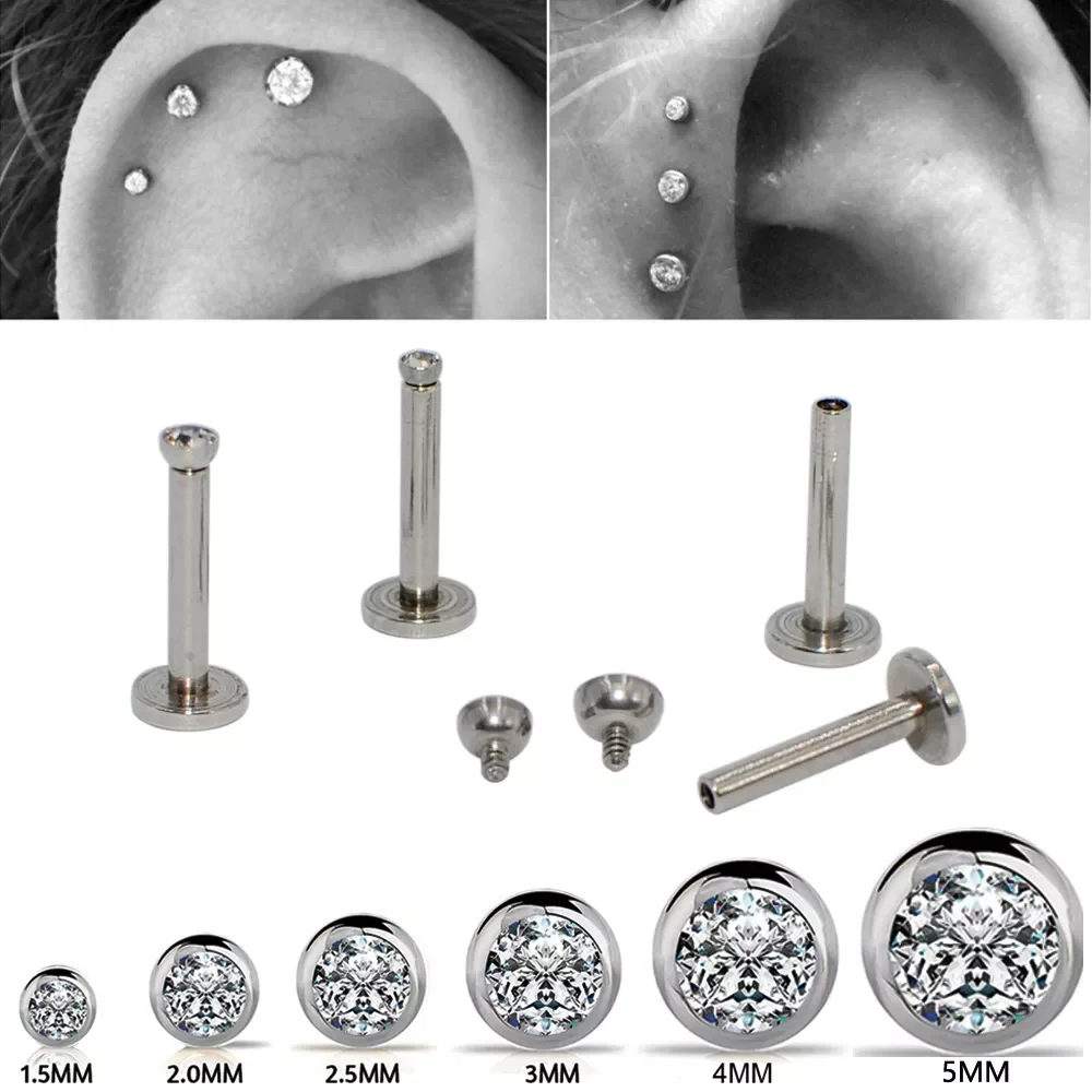 

Surgical Steel Flat CZ Gem Ear Cartilage Tragus Helix Piercing Labret Lip Studs Ring Internally Thread 16g Body Jewelry
