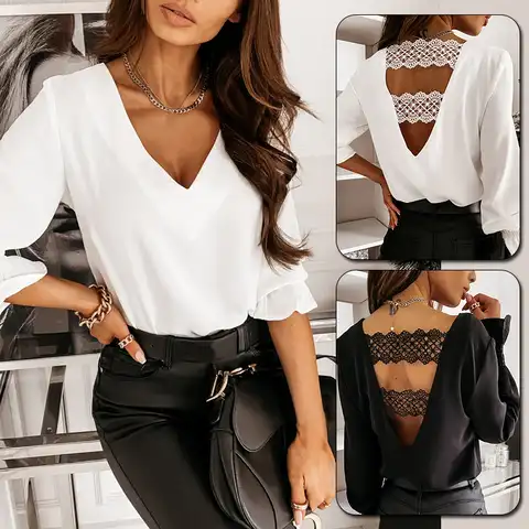 Women Casual Blouse Summer Long Sleeve Elegant Female Tops V Neck Open Back Lace Cutout Spring Autumn Streetwear Clothes Fashion