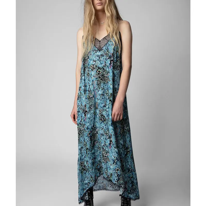 2023 Summer Blue Floral Print Lace Trim Slip Dress