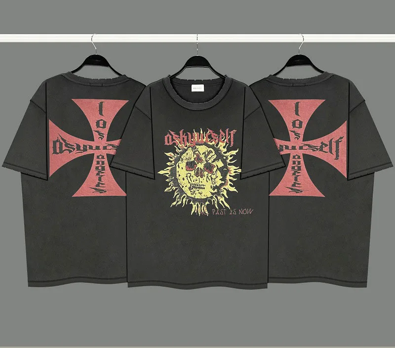 

Sun skull print old retro high street tide brand European and American loose American short-sleeved T-shirt men