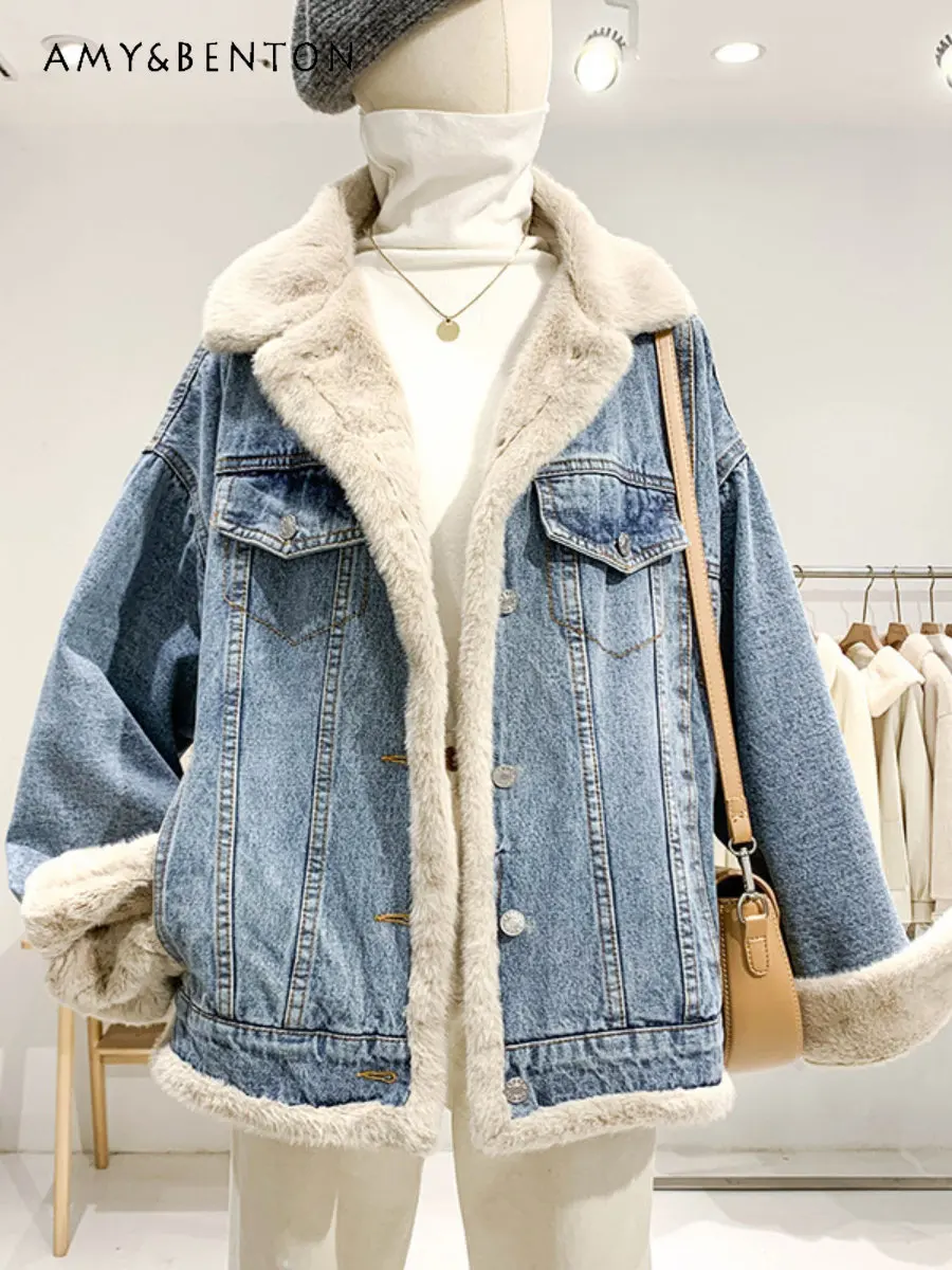 

Autumn and Winter New Velvet Thick Loose Berber Fleece Coat Women's Casual Boyfriend Style Single-Breasted Denim Jacket Fashion