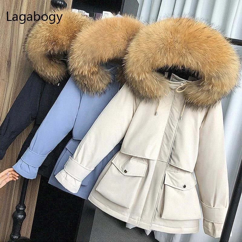 Large Natural Fox Fur Winter Jacket Women Female Thick Warm Loose Parkas Sash Tie Up Snow Outwear White Duck Down Coat