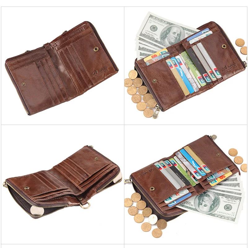 Men RFID Short Wallet Genuine Leather Credit Card Coin Pocket Money Bag Small Purse Clutch Double Zipper Fashion Wallet for Male
