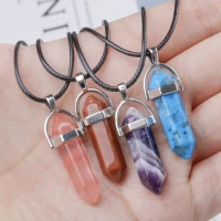 natural crystal couple pendant hexagonal column necklaces stone pendant leather necklace mens womens fashion jewelry necklace