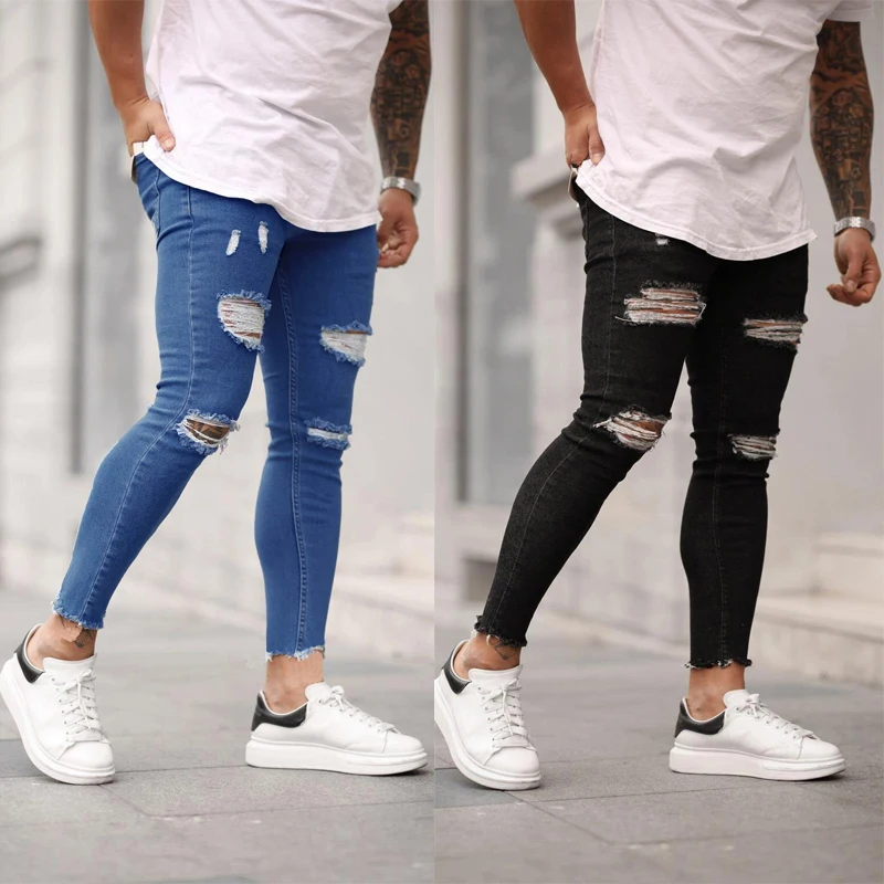 Mens Ripped Jeans Skinny Slim Fit Hip Hop Male Denim Trousers Gothic Style High Street Harajuku Washed Casual Denim Pants 2022